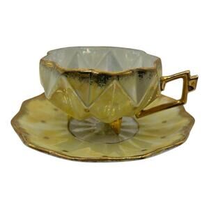 Vtg Yellow Royal Sealy Teacup Saucer Honeycomb Diamond Lusterware Japan Art Deco